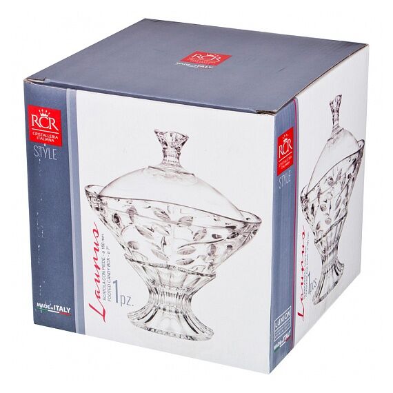 Конфетница с крышкой на ножке RCR Laurus D18 см, H13,7 см, хрустальное стекло, Италия, изображение 2
