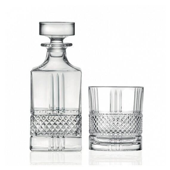 Набор из 7-ми предметов для виски RCR Brillante: Декантер 850 мл, H189 мм и 6 стаканов 340 мл, H94 мм, хрустальное стекло, Италия